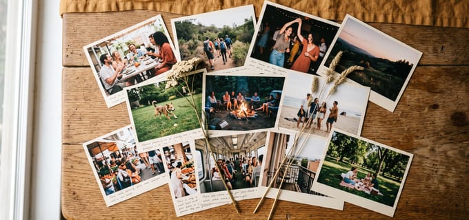 Rund ein Dutzend Postkarten liegen überlappend auf einem Holztisch, jede mit einem anderen gedruckten Foto — Freunde am Tisch, eine Wanderung, ein Lagerfeuer, ein Hund auf einer Wiese. Auf den hellen Rändern stehen handschriftliche Zeilen.